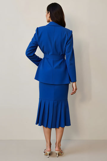Bleu royal à volants crantés revers 2 pièces femmes costumes avec ceinture